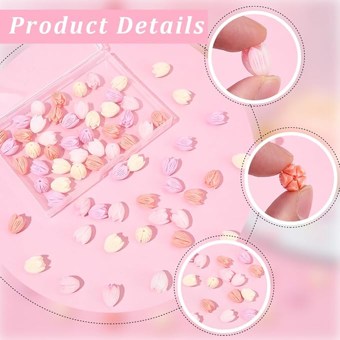 1 Box 4 Colors 80Pcs 13mm Large Acrylic Flower Beads Jasmine Flower Beads Pink Dyed Synthetic 3D Carved Coral Shell Loose Spacers for Jewelry Making Bracelet Necklace Earring Charms Decor