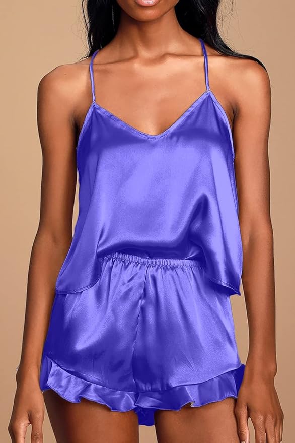 CHYRII Women's Sexy Silk Satin Ruffled Pajamas Sets Cami Shorts Sets Sleepwear