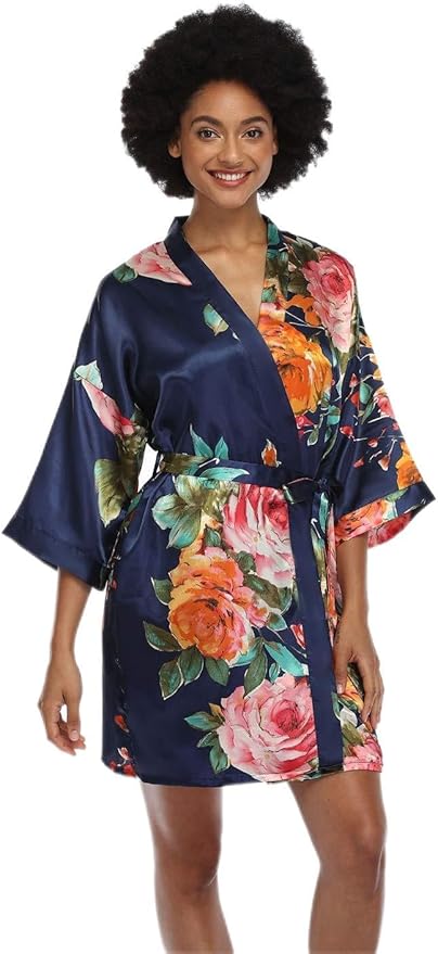 MissNina Women's Floral Satin Kimono Robes Short Silky Bridesmaid Robes Sleepwear