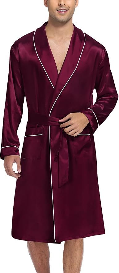 SWOMOG Men's Satin Robe Silky Kimono Bathrobe with Shorts Set Lightweight Soft Loungewear Nightwear