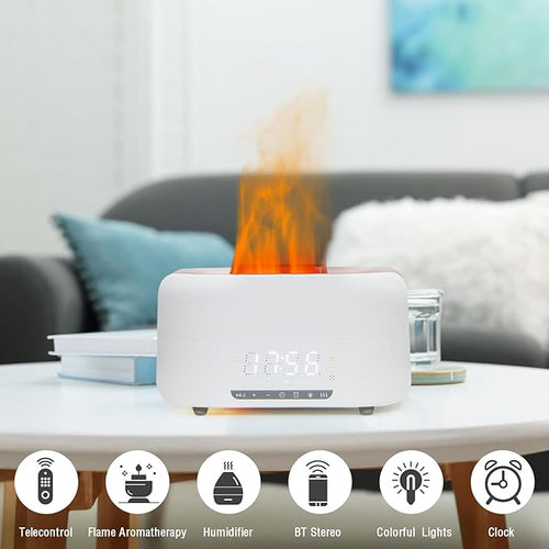 Aroma Diffuser with Bluetooth Speaker, 5-in-1 Essential Oil Diffuser Flickering Flame, 400mL Humidifier LED Clock Remote, Quiet for Bedroom Home Office Auto Shut-Off Gift (White)