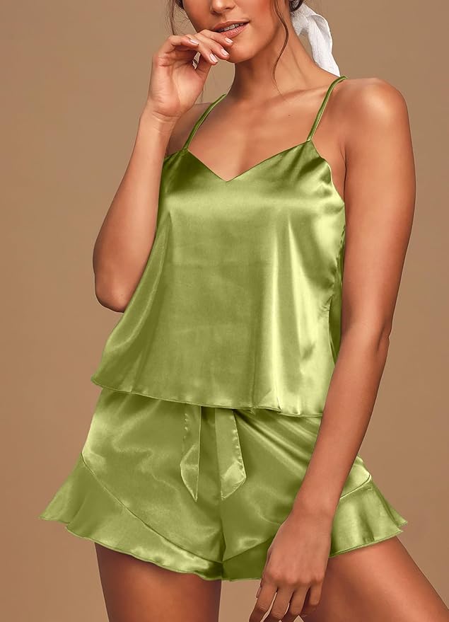 Aamikast Womens Silk Satin Pajama Sets Sexy Cami Ruffled Shorts Sets 2 Piece Pjs Sleepwear
