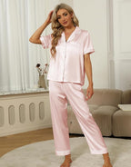SAPJON Silk Pajamas for Women Set 4Pcs Ruffled Satin Pajamas Set Button Down Short Sleeve Cami Shorts Sleepwear Pj Set