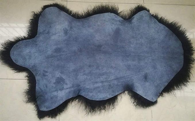 Genuine Tibetan/Mongolian Lambskin Sheepskin Hide Pelt Throw Area Rug Plate Wool Carpet Real Sheep Fur in Bedroom, Living Room 3.5x2Ft (Black)