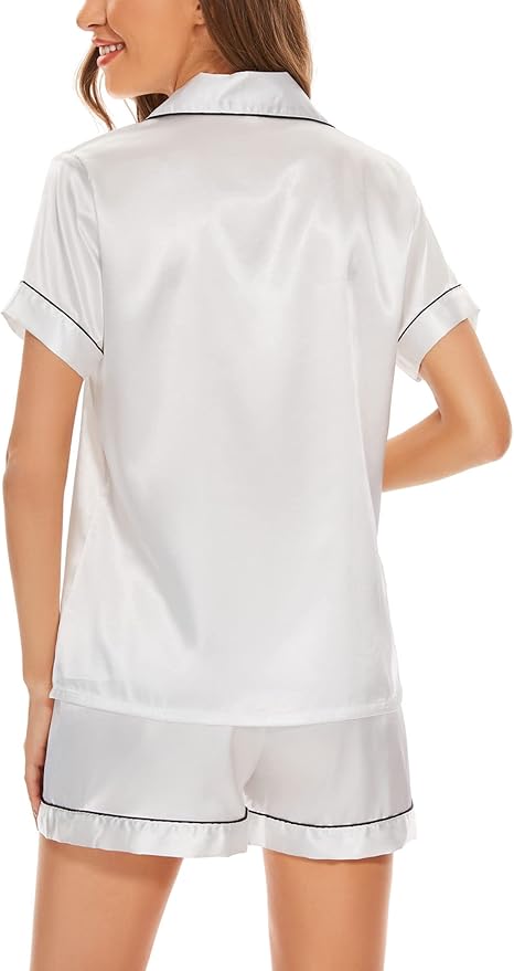 Women's Silk Pajama Set Short Sleeve Sleepwear Satin Button Down Pj Tops and Shorts 2 Piece Loungewear