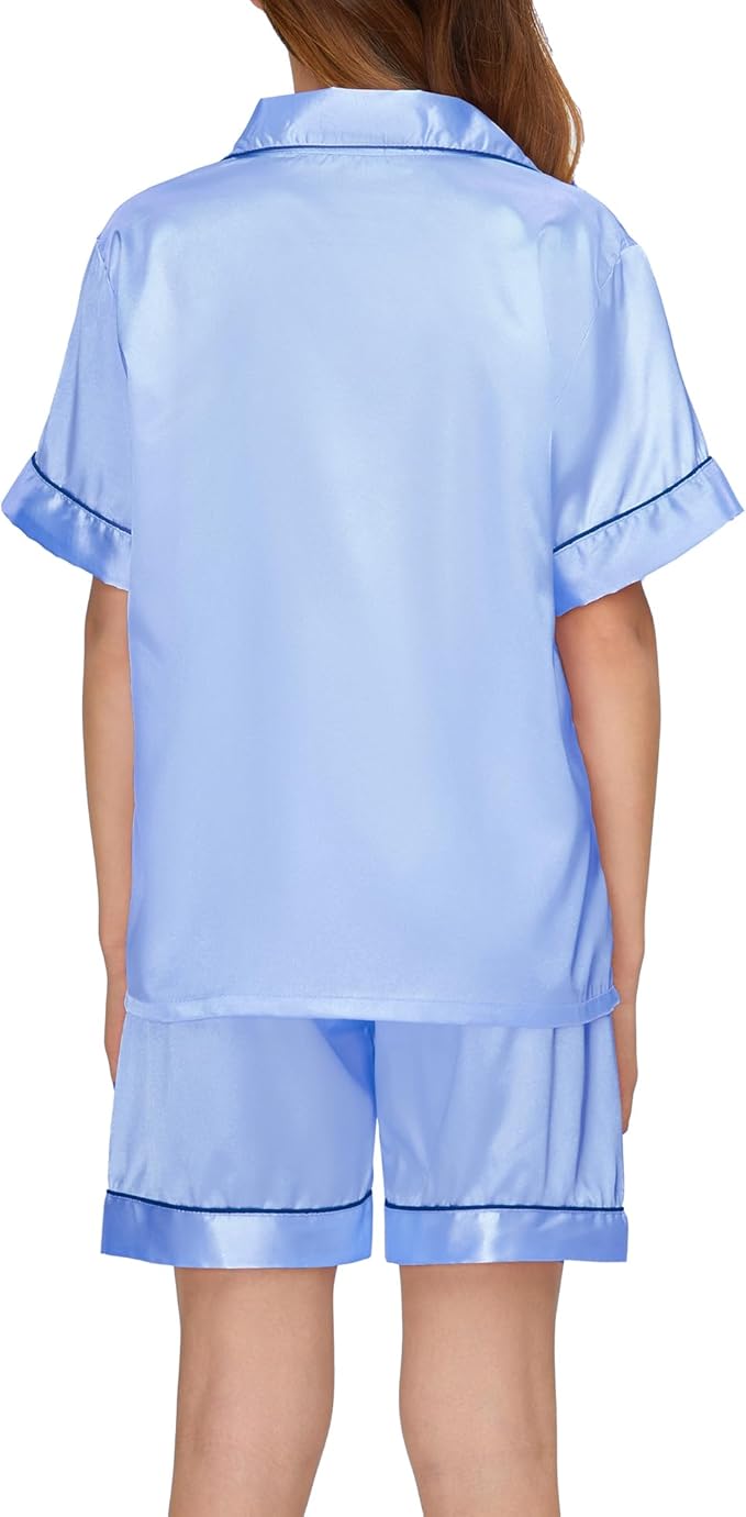 EPLAZA Kids Satin Pajamas Sets Girls Boys Button-Down Silky Pajamas Sleepwear with Hairband Eye Mask Hair Tie