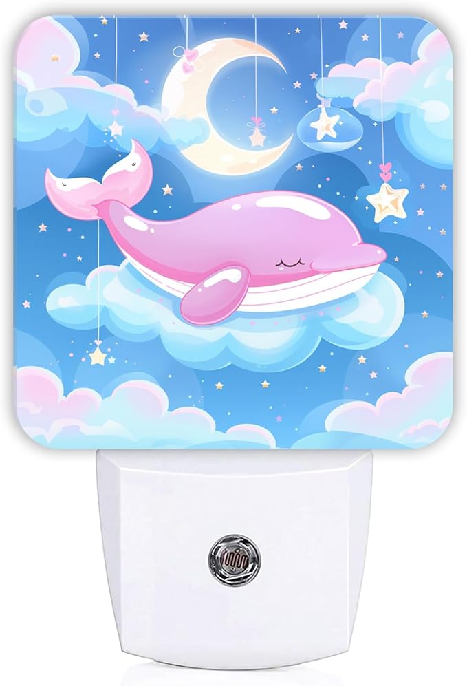 Whale Night Lights Plug Into Wall, Cute Playful Moon Stars Summer Peach Energy Saving Automatic Led Night Lights for Bedroom Bathroom Hallway Kitchen Decor 1pcs