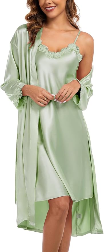 BestWendding Women's Silk Robe Set 2 Pieces Pajamas Sets Sexy Soft Satin Robe with V Neck Camisole Lingerie Nightgown