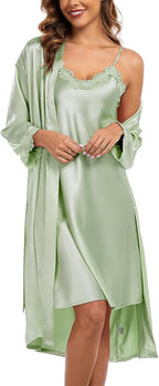 BestWendding Women's Silk Robe Set 2 Pieces Pajamas Sets Sexy Soft Satin Robe with V Neck Camisole Lingerie Nightgown