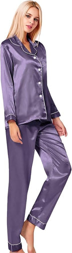 SWOMOG Womens Silk Satin Pajamas Set Long Sleeve Button Down Sleepwear 2 Piece Lounge Set Pj Set XS-3XL