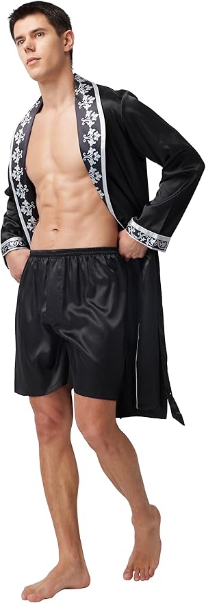 Tony & Candice Men's Satin Robe Lightweight Long Sleeve Silk Kimono Bathrobe with Shorts Set Sleepwear