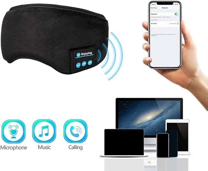 Voerou Sleep Headphones 5.2 Bluetooth Sleep Mask with Music and Ultra Thin Speakers Perfect for Sleeping, Air Travel,Meditation and Relaxation，Unique Gifts for Men Women - Black