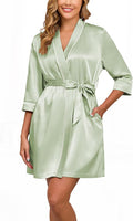 Veseacky Women's Satin Robe Knee Length V Neck Lightweight Silky Bathrobe Casual Loungewear Sleepwear with Waist Tie
