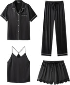 SAPJON Silk Pajamas for Women Set 4Pcs Ruffled Satin Pajamas Set Button Down Short Sleeve Cami Shorts Sleepwear Pj Set