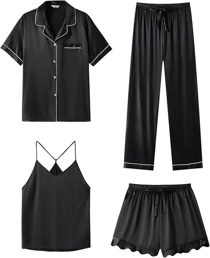 SAPJON Silk Pajamas for Women Set 4Pcs Ruffled Satin Pajamas Set Button Down Short Sleeve Cami Shorts Sleepwear Pj Set