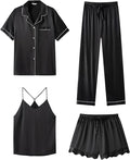 SAPJON Silk Pajamas for Women Set 4Pcs Ruffled Satin Pajamas Set Button Down Short Sleeve Cami Shorts Sleepwear Pj Set