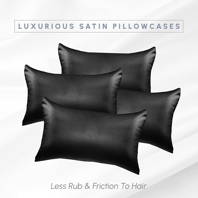 Elegant Comfort 4-Pack Cooling Viscose Satin Pillowcase Set with Hidden Zipper Closure, Silky Smooth for Best Hair and Skin Care-Beautiful Gift Box-4-Piece Satin Pillowcase Set, King, Black