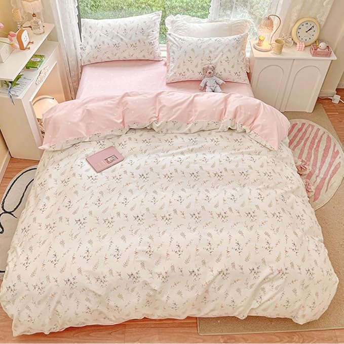 Nayoroom Floral Duvet Cover King Size Girls Pink White Botanical Flower Coquette Bedding Set 3 Pieces Soft Breathable Garden Cottagecore Aesthetic Comforter Cover with Pillow Shams