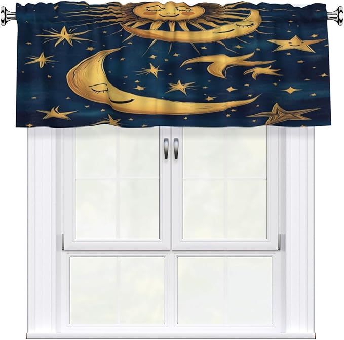 Whimsical Golden Sun, Moon, Stars Night Curtain Valance Peach Skin Velvet Printed Window Valance with Rod Pocket Light Filtering for Kitchen Bathroom 54x18in