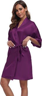 Women's Short Satin Robes Silky Bathrobe Bridesmaid Sleepwear for Wedding Party Getting Ready Solid Color
