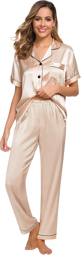 SWOMOG Women Satin Pajamas Set Short Sleeve Top & Pants Sleepwear Silky Button Down Nightwear 2pcs Loungewear Pjs Set