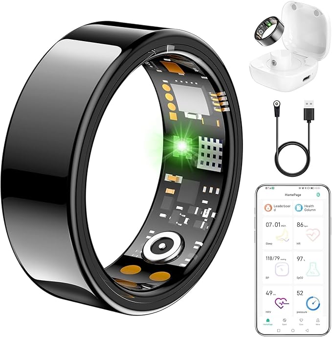 Ring Health Tracker for Women Men, Fitness Ring with Heart Rate, Blood Oxygen, Sleep Monitor, Calories, Step Counter, IP68 Waterproof Smart Ring for iPhone & Android, No Subscription Fee (Black, 13#)