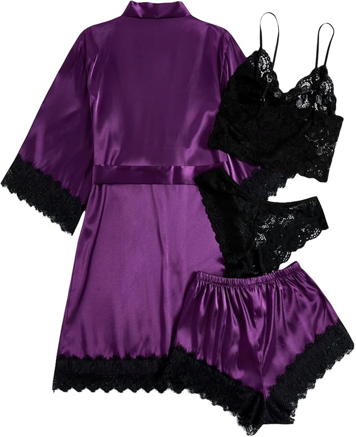 WDIRARA Women' Silk Satin Pajamas Set 4pcs Lingerie Floral Lace Cami Sleepwear with Robe