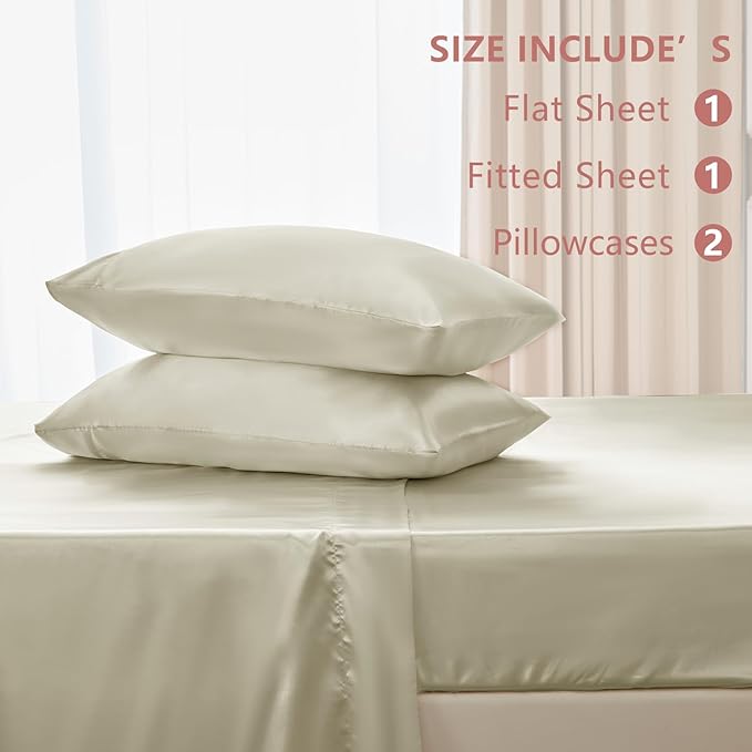 CozyLux Satin Sheets Queen Size Bed Set - 4 Piece Silky Queen Sheet Set, Luxury Cream Queen Sheets with Smooth and Soft Microfiber, Includes 1 Fitted Sheet, 1 Flat Sheet and 2 Pillowcases
