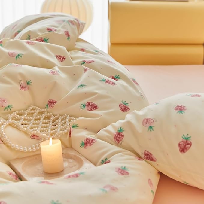 Nayoroom Strawberry Duvet Cover Set King Size Girls Cute Pink Strawberries Kawaii Comforter Cover 3 Pieces Soft Lightweight Microfiber Cream White Bedding with Zipper Closure