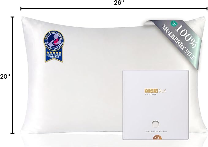 ZIMASILK 100% Pure Mulberry Silk Pillowcase for Hair and Skin Health,Soft and Smooth,Both Sides Premium Grade 6A Silk,600 Thread Count,with Hidden Zipper,1pc(Standard 20''x26'',White)