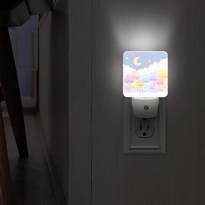 Mushroom Night Lights Plug Into Wall, Fanciful Playful Moon Stars Spring Pastel Peach Plug in Night Light with Dusk to Dawn Sensor for Guest Room Basement Office Decor 1pcs