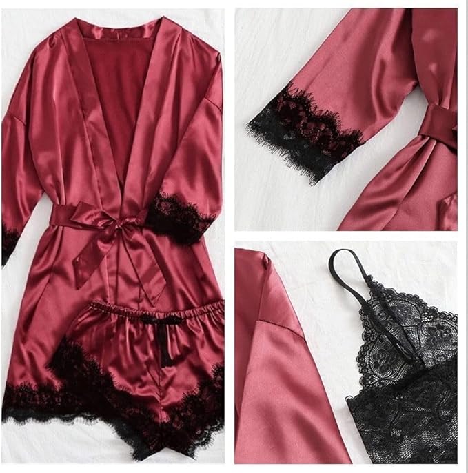 Womens Silk Pajamas Robes Set 4PACKS Sexy Pjs Cami Shorts Satin Sleepwear Lace Loungewear