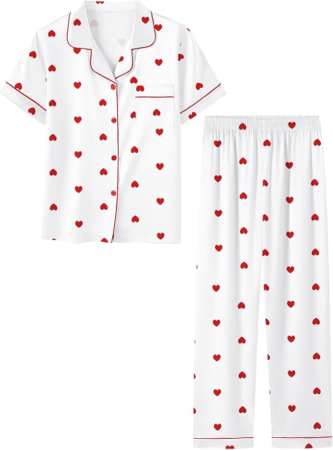Umeyda Girls Womens Pajamas Set, Satin Silky Button Down Loungewear 2 Piece Short Sleeve Pants PJS Sets for Mommy Kids