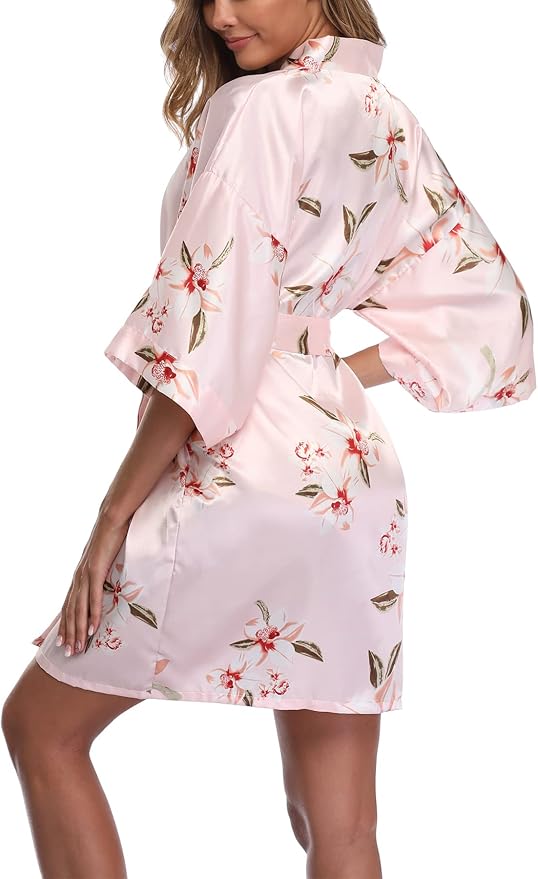 Women's Floral Satin Robes Bride Bridesmaid Getting Ready Robe Short Silky Kimono Sleepwear for Wedding Party