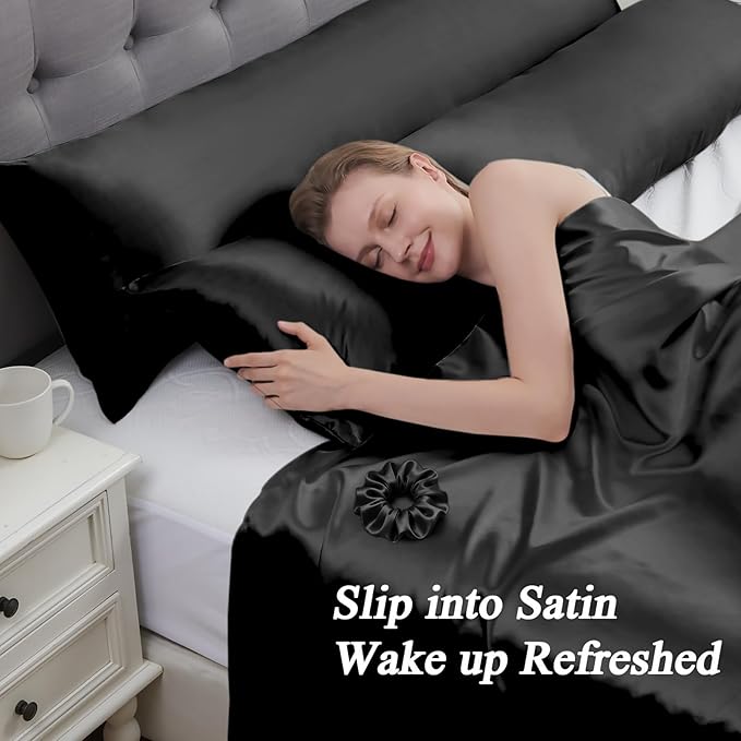 Vielit Satin Body Pillow Pillowcase 1pc,Silky Body Pillow Cover Similar to Silk Pillow Cases Soft Body Pillow Case 20x54 & Envelope Closure,Gift for Women Men Black & 1 Satin Scunchie