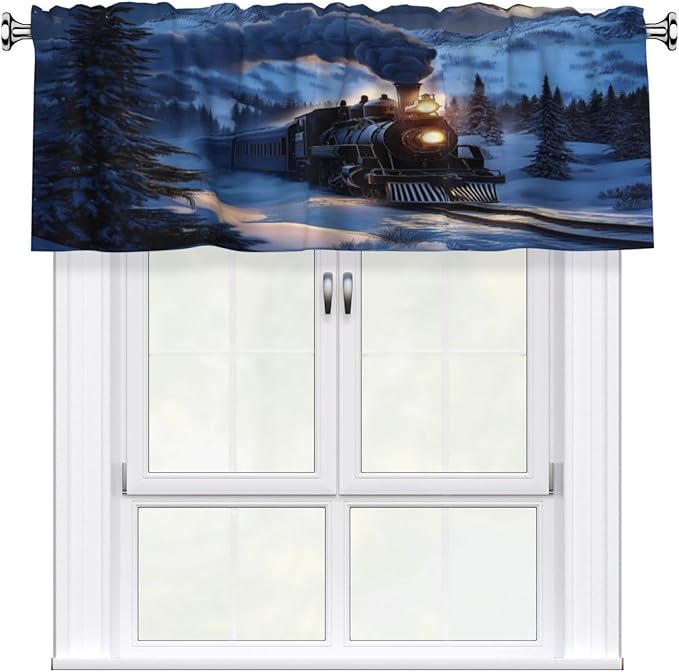 Majestic Night Train in Snowy Mountains Curtain Valance Peach Skin Velvet Printed Window Valance with Rod Pocket Light Filtering for Kitchen Bathroom 54x18in