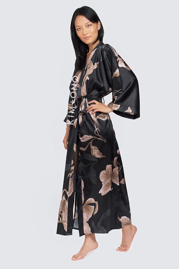 KIM+ONO Plus Size Luxury Kimono Robe for Women | Long Satin Floral Robe | Original Design | Removable Waist Tie Closure