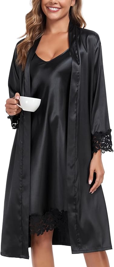 BestWendding Women's Silk Robe Set 2 Pieces Pajamas Sets Sexy Soft Satin Robe with V Neck Camisole Lingerie Nightgown