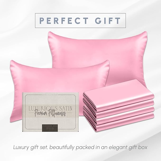 Elegant Comfort 6-Pack Cooling Viscose Satin Pillowcase Set with Hidden Zipper Closure, Silky Smooth for Hair and Skin Care-Beautiful Gift Box-6-Piece Satin Pillowcase Set, Standard/Queen, Light Pink