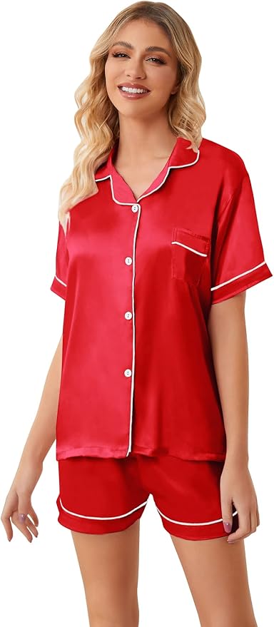 Umeyda Women & Girls Pajamas Set, Soft Satin Lightweight Silk Button-Down Top with Shorts 2 Piece PJS for Mom Boys Kids Gifts