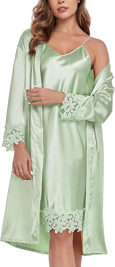BestWendding Women's Silk Robe Set 2 Pieces Pajamas Sets Sexy Soft Satin Robe with V Neck Camisole Lingerie Nightgown