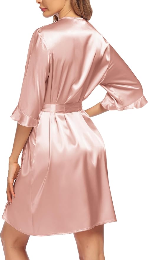 Ekouaer Women's Satin Robe Valentines Lingerie for Women Kimono Bathrobe Short Ruffle Belted Robes Bridesmaids Sleepwear