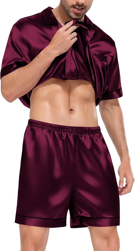 SWOMOG Satin Matching Pajamas Sets Couple Silk Button Down Nightwear Women & Men Short Sleeve Sleepwear 2 Pieces Loungewear