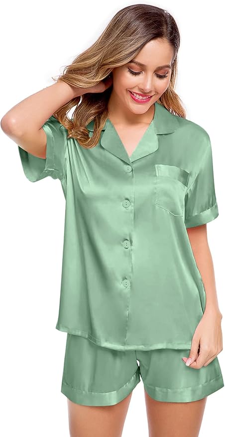LecGee Womens Silk Satin Pajamas Short Sleeve Loungewear Two-Piece Sleepwear Button-Down Pj Set