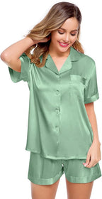 LecGee Womens Silk Satin Pajamas Short Sleeve Loungewear Two-Piece Sleepwear Button-Down Pj Set