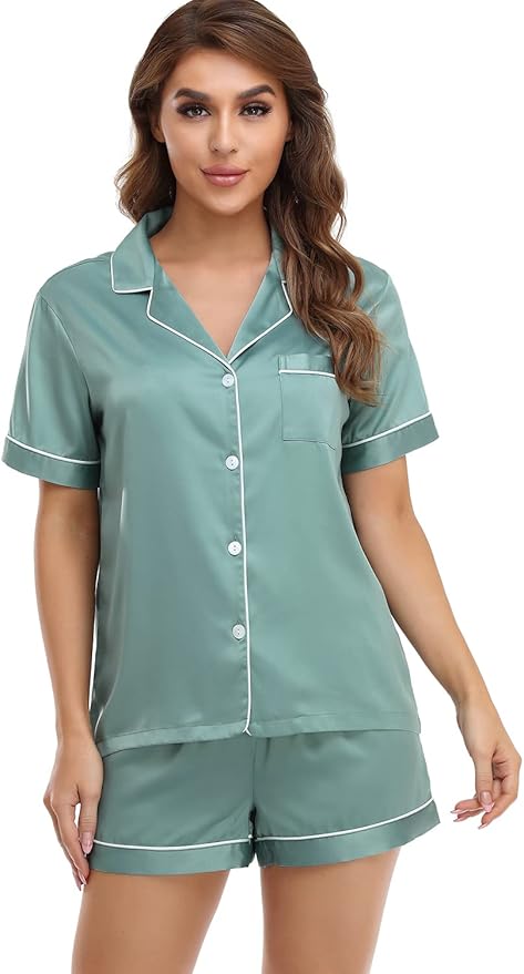 Serenedelicacy Women's Satin Pajama Set 2-Piece Sleepwear Loungewear Button Down Short Sleeve Silky PJ Set