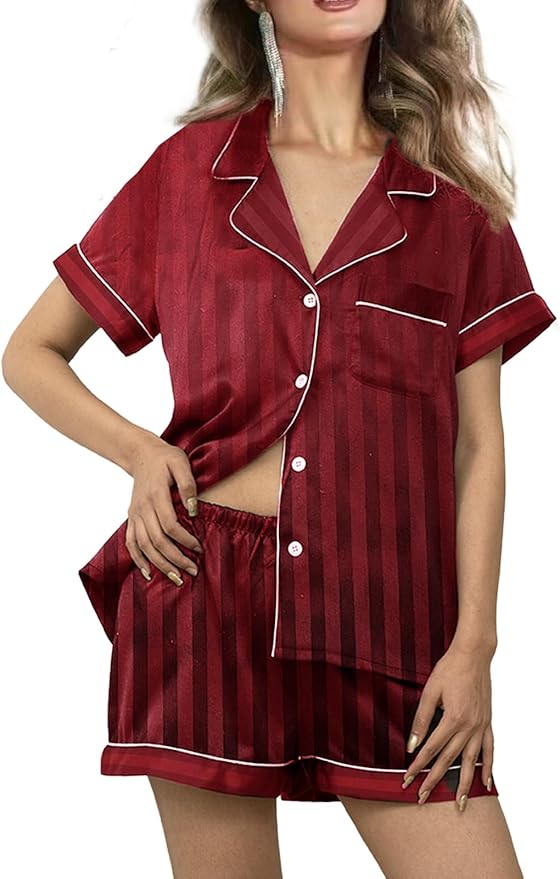 WJing Yi Jia Womens Silk Satin Pajamas Loungewear Two-Piece Sleepwear Button-Down Floral Pj Set XS-4XL