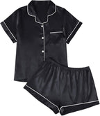 LILLUSORY Silk Satin Pajama Set for Women 2 Piece Lounge Pjs Winter Matching Summer Sleepwear Button Down Shirt Shorts