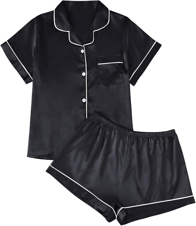 LILLUSORY Silk Satin Pajama Set for Women 2 Piece Lounge Pjs Winter Matching Summer Sleepwear Button Down Shirt Shorts