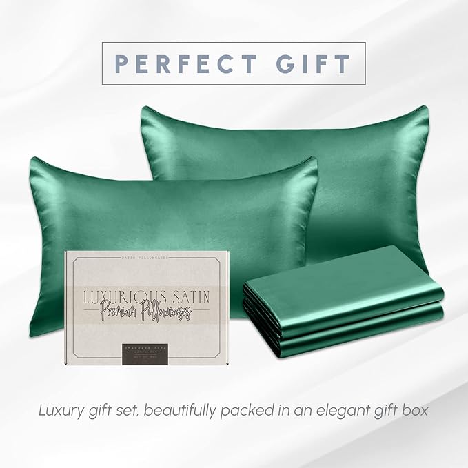 Elegant Comfort 4-Pack Cooling Viscose Satin Pillowcase Set with Hidden Zipper Closure, Silky Smooth for Hair and Skin Care-Beautiful Gift Box-4-Piece Satin Pillowcases, Standard/Queen, Hunter Green
